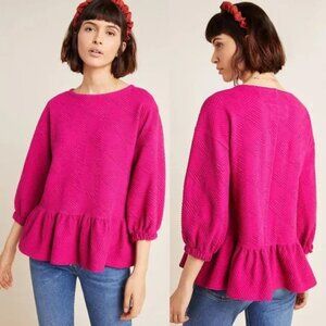 Anthropologie Maeve Mikayla Peplum Top Textured 3/4 Ballpon Sleeves Pink L $98
